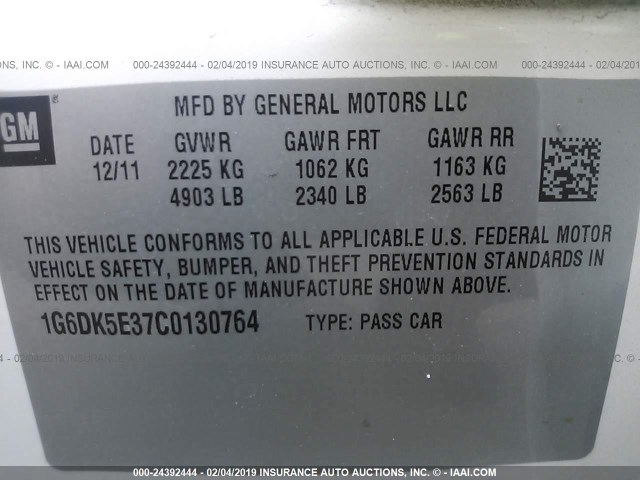 1G6DK5E37C0130764 - 2012 CADILLAC CTS PERFORMANCE COLLECTION Белый фото 9