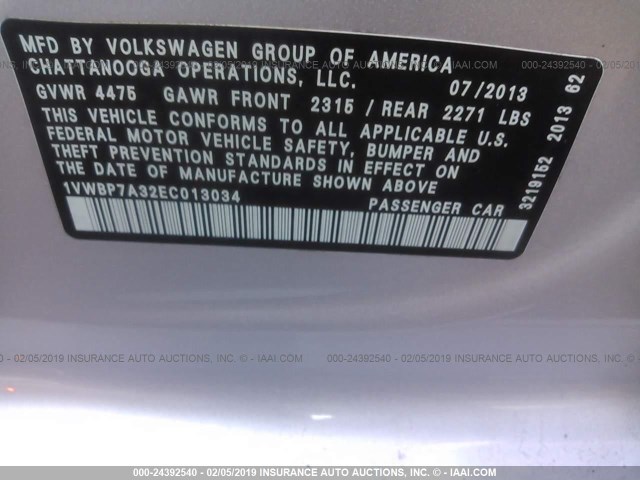 1VWBP7A32EC013034 - 2014 VOLKSWAGEN PASSAT SE SILVER photo 9