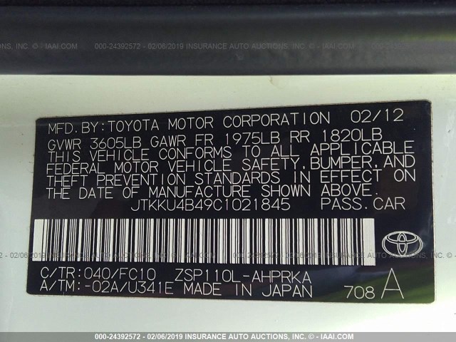 JTKKU4B49C1021845 - 2012 TOYOTA SCION XD WHITE photo 9