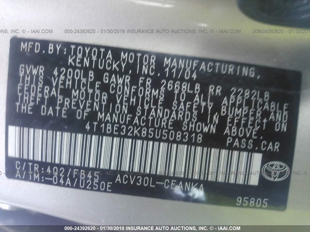 4T1BE32K85U508318 - 2005 TOYOTA CAMRY LE/XLE/SE BEIGE photo 9
