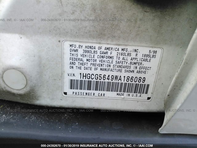 1HGCG5649WA186089 - 1998 HONDA ACCORD WHITE photo 9