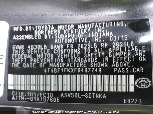 4T4BF1FKXFR487748 - 2015 TOYOTA CAMRY LE/XLE/SE/XSE GRAY photo 9