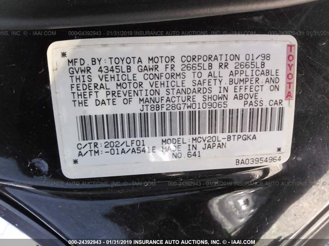 JT8BF28G7W0109065 - 1998 LEXUS ES 300 BLACK photo 9