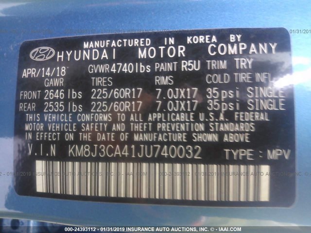 KM8J3CA41JU740032 - 2018 HYUNDAI TUCSON LIMITED/SPORT AND ECO/SE BLUE photo 9