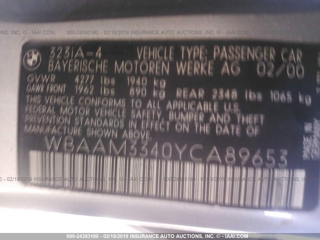 WBAAM3340YCA89653 - 2000 BMW 323 SILVER photo 9