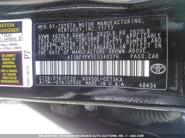 4T1BF1FK5EU340276 - 2014 TOYOTA CAMRY L/SE/LE/XLE BLACK photo 9