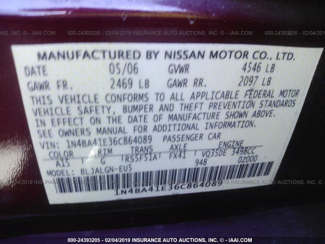 1N4BA41E36C864089 - 2006 NISSAN MAXIMA SE/SL RED photo 9