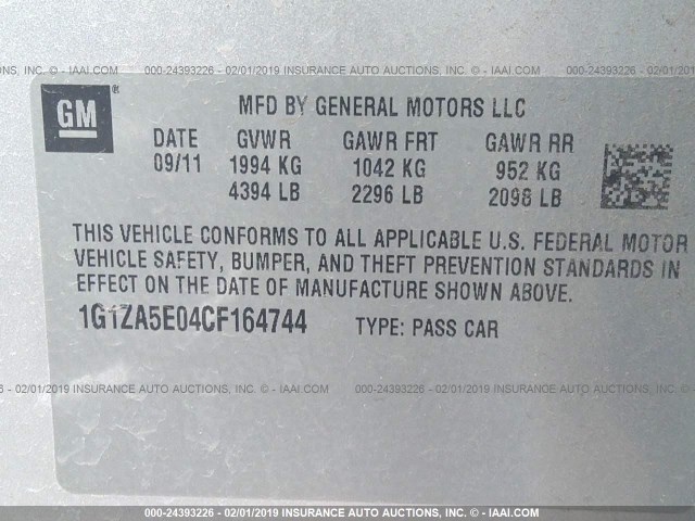 1G1ZA5E04CF164744 - 2012 CHEVROLET MALIBU LS SILVER photo 9