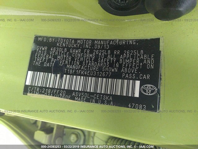 4T1BF1FK4EU312677 - 2014 TOYOTA CAMRY L/SE/LE/XLE 绿色 照片 9