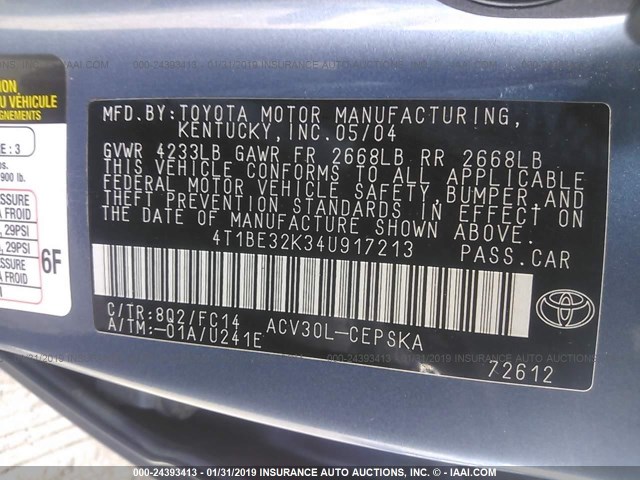 4T1BE32K34U917213 - 2004 TOYOTA CAMRY LE/XLE/SE BLUE photo 9