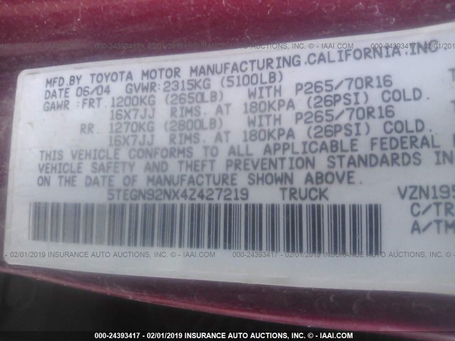 5TEGN92NX4Z427219 - 2004 TOYOTA TACOMA DOUBLE CAB PRERUNNER RED photo 9
