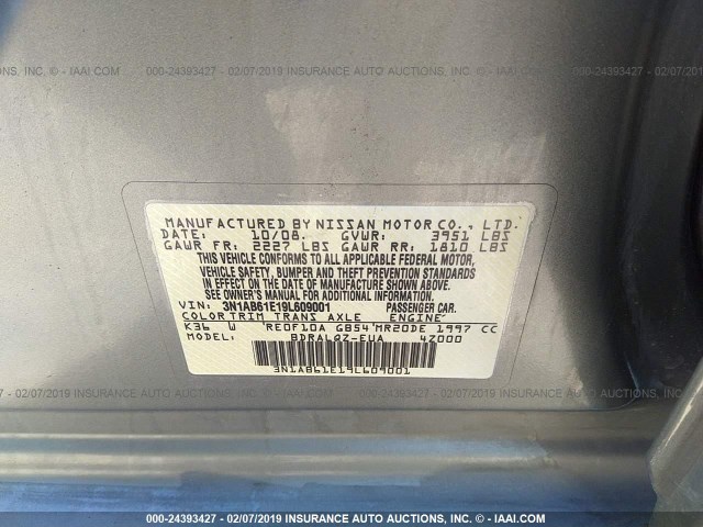 3N1AB61E19L609001 - 2009 NISSAN SENTRA 2.0/2.0S/2.0SL GRAY photo 9