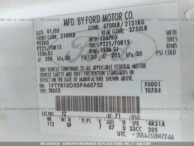 1FTYR10DX5PA60755 - 2005 FORD RANGER WHITE photo 9