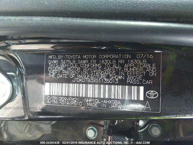 JTDKDTB3XG1135013 - 2016 TOYOTA PRIUS C BLACK photo 9