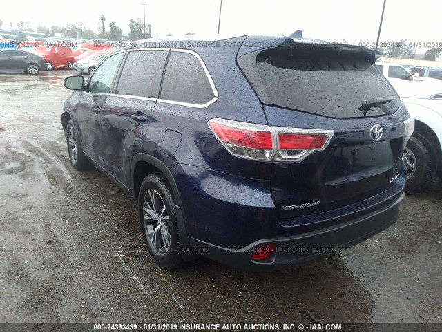 5TDJKRFH0GS233707 - 2016 TOYOTA HIGHLANDER XLE BLUE photo 3