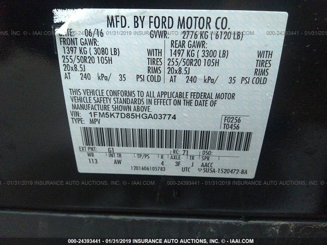 1FM5K7D85HGA03774 - 2017 FORD EXPLORER XLT BLACK photo 9