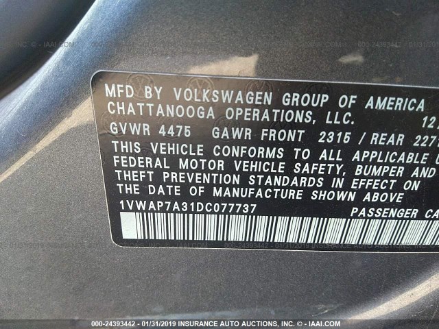 1VWAP7A31DC077737 - 2013 VOLKSWAGEN PASSAT S GRAY photo 9