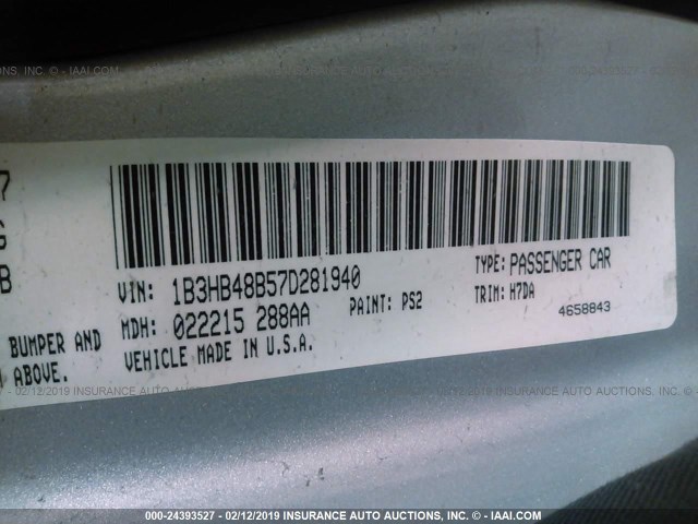 1B3HB48B57D281940 - 2007 DODGE CALIBER SXT SILVER photo 9