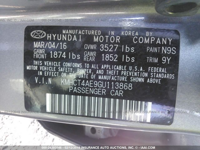 KMHCT4AE9GU113868 - 2016 HYUNDAI ACCENT SE GRAY photo 9