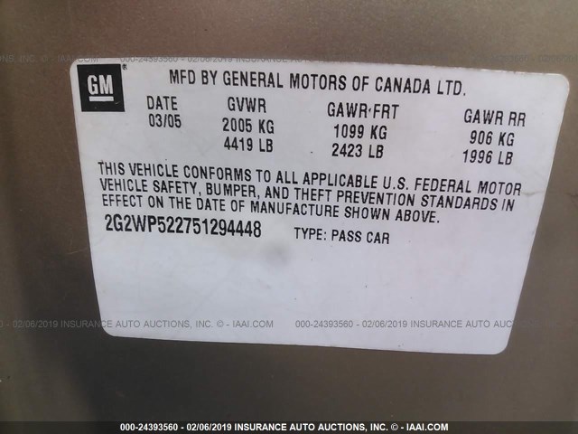 2G2WP522751294448 - 2005 PONTIAC GRAND PRIX GOLD photo 9