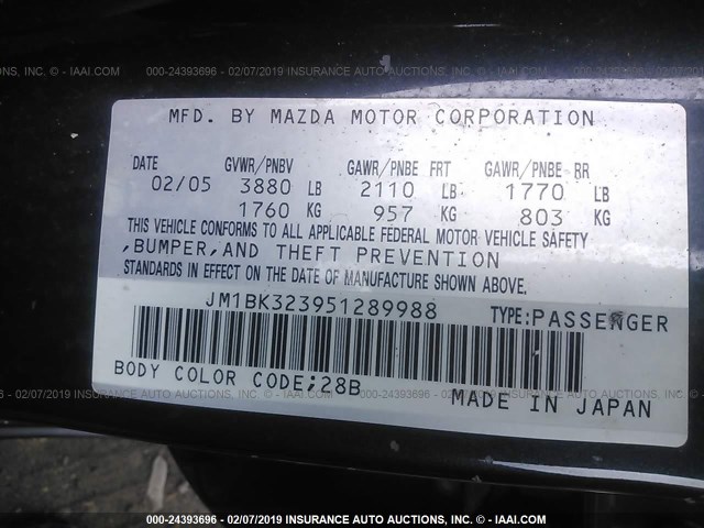 JM1BK323951289988 - 2005 MAZDA 3 S BLACK photo 9