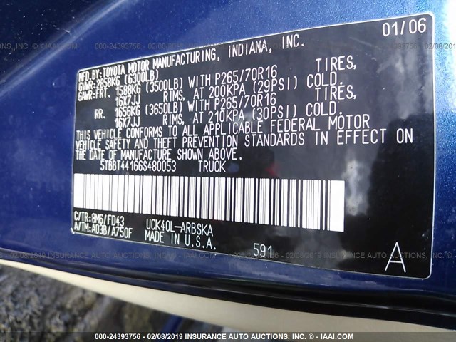 5TBBT44166S480053 - 2006 TOYOTA TUNDRA ACCESS CAB SR5 BLUE photo 9