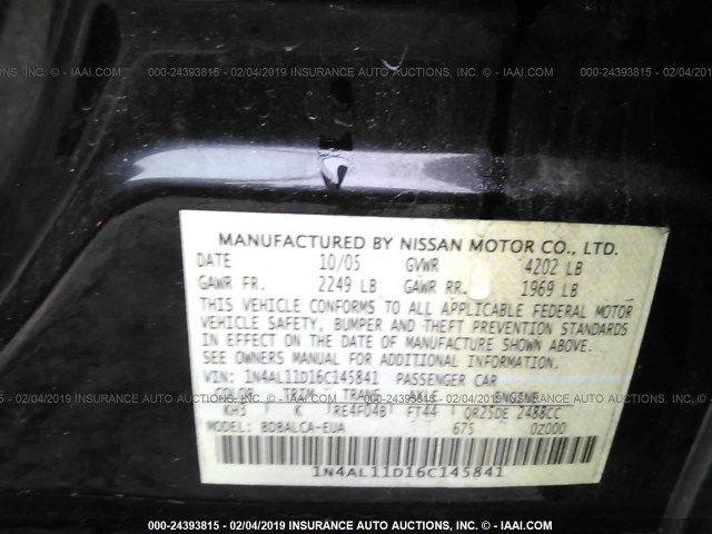 1N4AL11D16C145841 - 2006 NISSAN ALTIMA S/SL BLACK photo 9