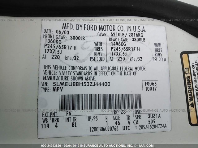 5LMEU88H53ZJ44400 - 2003 LINCOLN AVIATOR 白色 照片 9