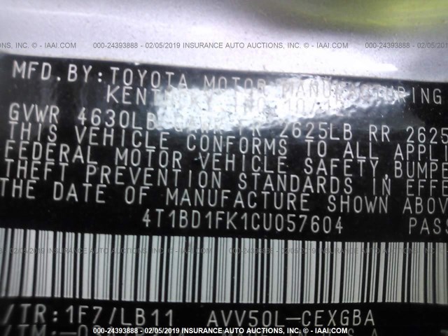 4T1BD1FK1CU057604 - 2012 TOYOTA CAMRY HYBRID/LE/XLE SILVER photo 9