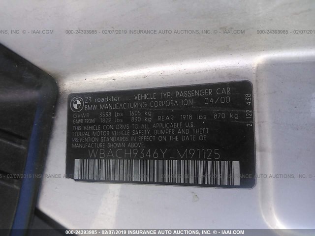 WBACH9346YLM91125 - 2000 BMW Z3 2.3 SILVER photo 9
