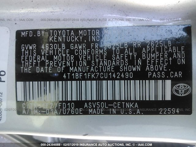 4T1BF1FK7CU142490 - 2012 TOYOTA CAMRY SE/LE/XLE SILVER photo 9