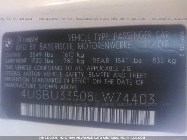 4USBU33508LW74403 - 2008 BMW Z4 3.0 WHITE photo 9