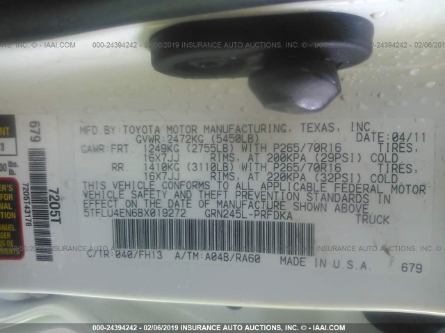 5TFLU4EN6BX019272 - 2011 TOYOTA TACOMA DOUBLE CAB 白色 照片 9