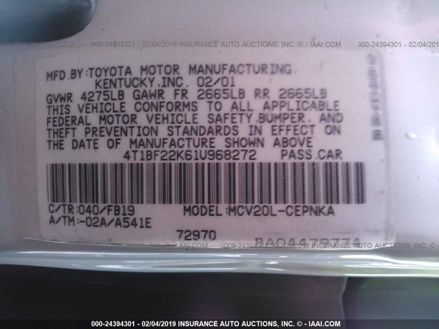 4T1BF22K61U968272 - 2001 TOYOTA CAMRY LE/XLE Ақ фото 9