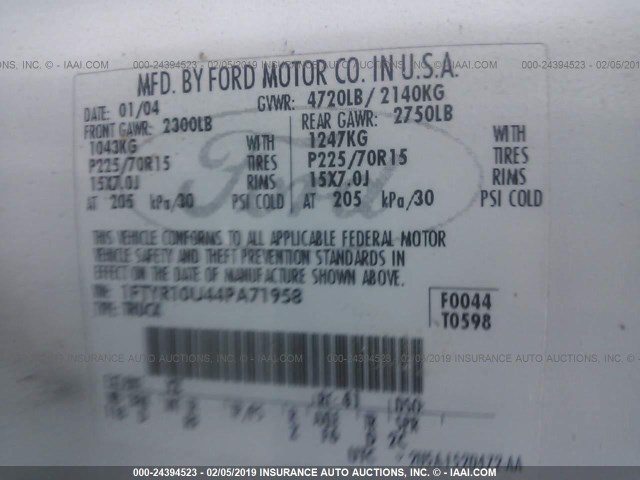 1FTYR10U44PA71958 - 2004 FORD RANGER WHITE photo 9