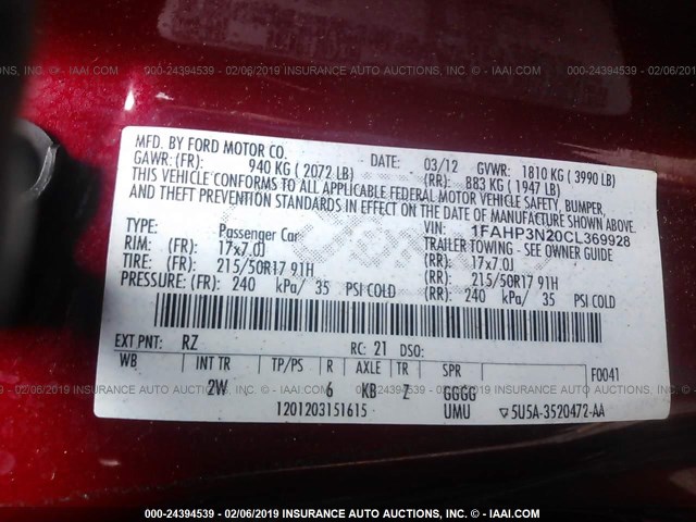 1FAHP3N20CL369928 - 2012 FORD FOCUS TITANIUM RED photo 9