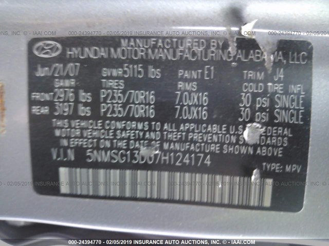 5NMSG13D07H124174 - 2007 HYUNDAI SANTA FE GLS SILVER photo 9