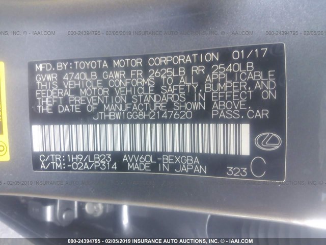 JTHBW1GG8H2147620 - 2017 LEXUS ES 300H GRAY photo 9