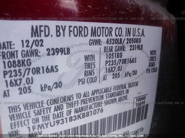1FMYU93183KB81076 - 2003 FORD ESCAPE XLT RED photo 9