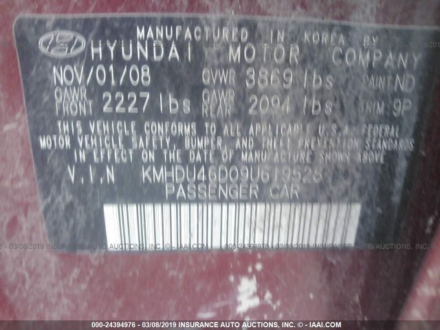 KMHDU46D09U619528 - 2009 HYUNDAI ELANTRA GLS/SE RED photo 9