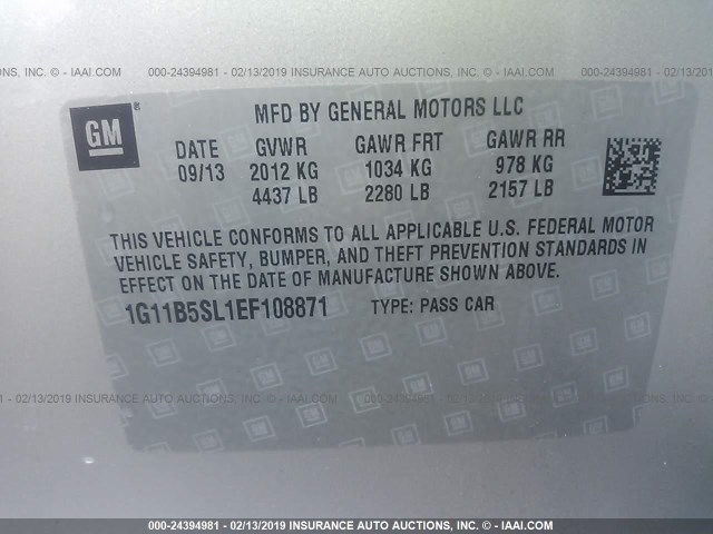 1G11B5SL1EF108871 - 2014 CHEVROLET MALIBU LS SILVER photo 9