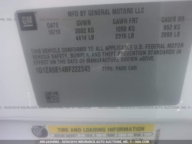 1G1ZA5E14BF222343 - 2011 CHEVROLET MALIBU LS WHITE photo 9