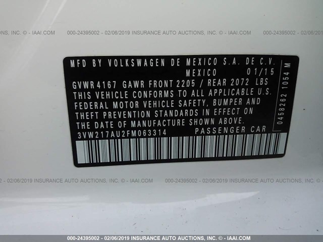 3VW217AU2FM063314 - 2015 VOLKSWAGEN GOLF 白色 照片 9