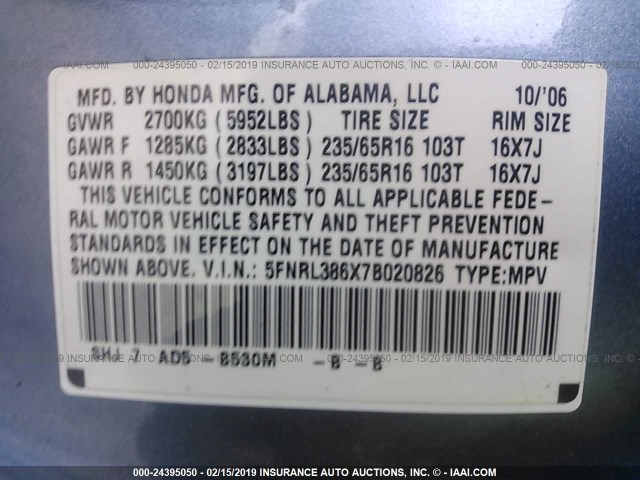 5FNRL386X7B020826 - 2007 HONDA ODYSSEY EXL BLUE photo 9