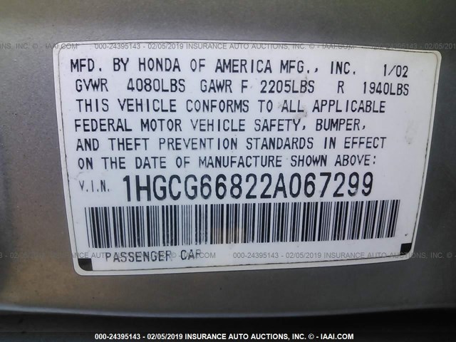 1HGCG66822A067299 - 2002 HONDA ACCORD EX/SE SILVER photo 9