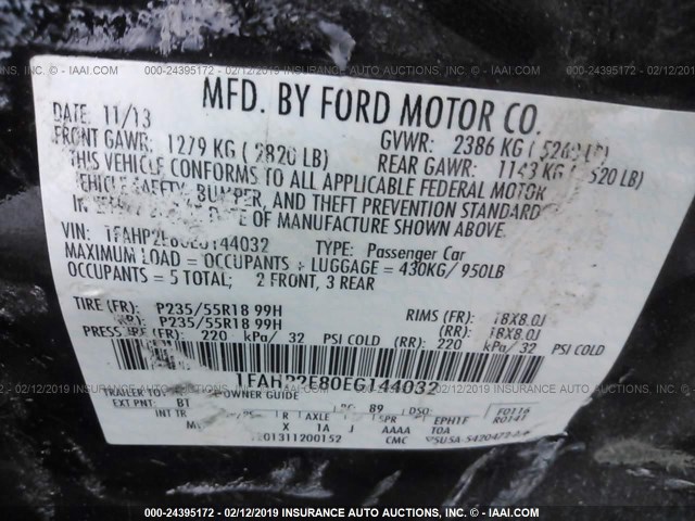 1FAHP2E80EG144032 - 2014 FORD TAURUS SEL BLACK photo 9