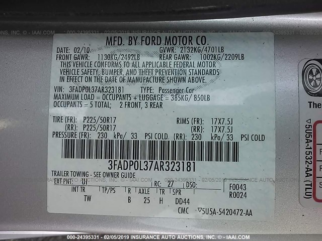 3FADP0L37AR323181 - 2010 FORD FUSION HYBRID SILVER photo 9