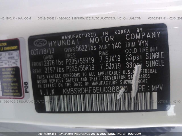 KM8SRDHF6EU038830 - 2014 HYUNDAI SANTA FE LIMITED WHITE photo 9