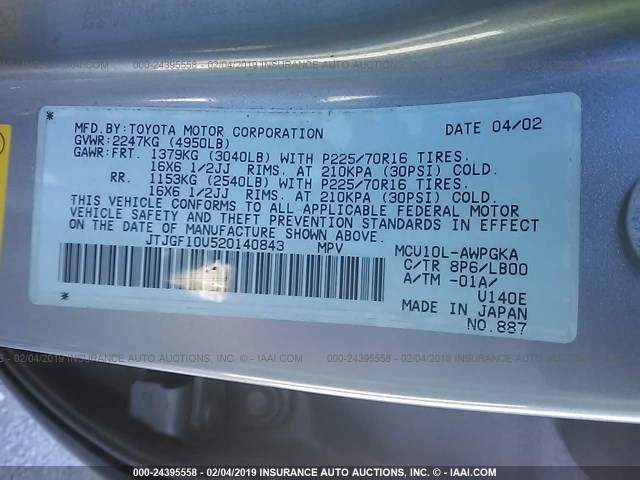 JTJGF10U520140843 - 2002 LEXUS RX 300 SILVER photo 9