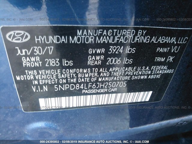 5NPD84LF6JH250705 - 2018 HYUNDAI ELANTRA SEL/VALUE/LIMITED BLUE photo 9